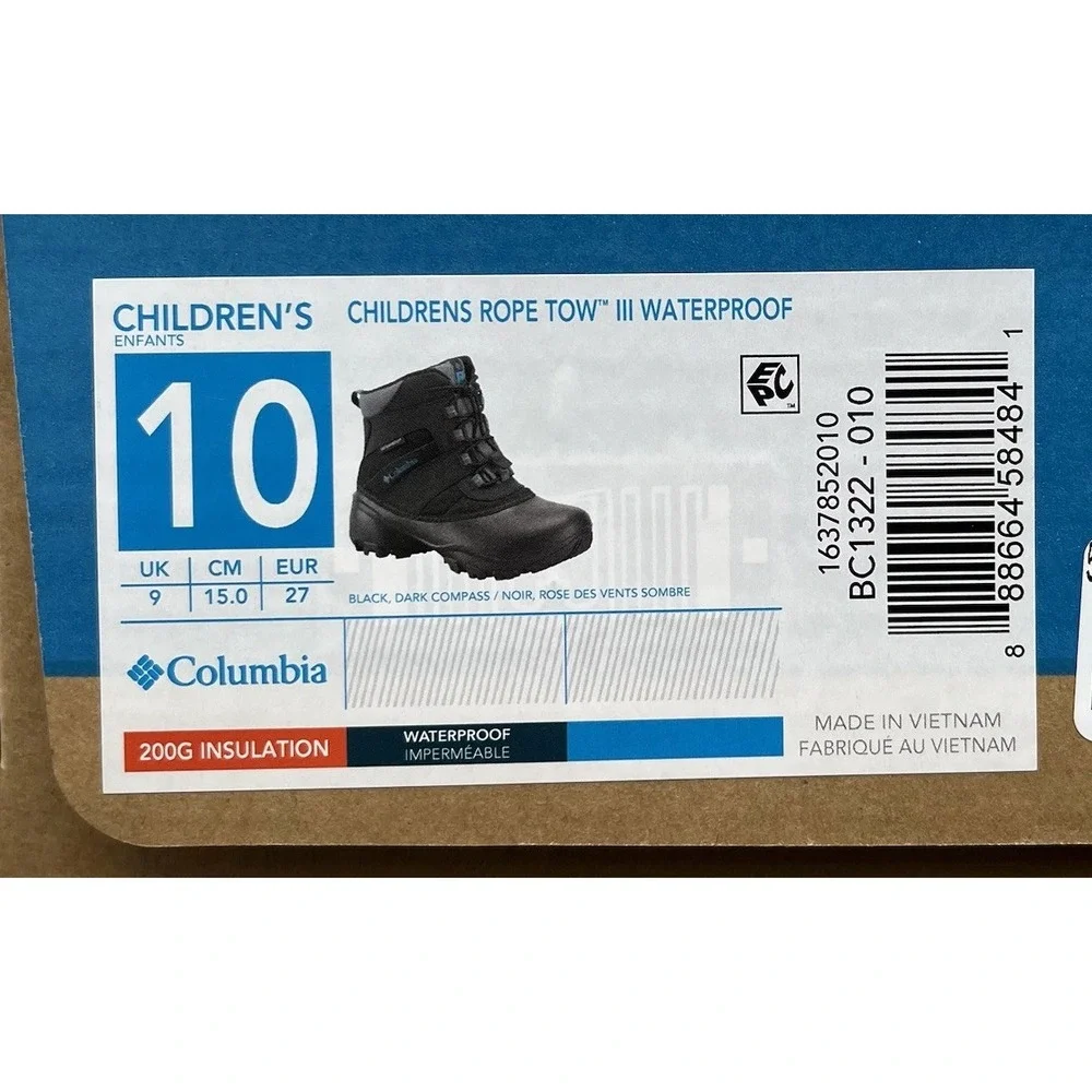Columbia Rope Tow III Toddler Boys Girls Waterproof Snow Boots Size10 Black Blue